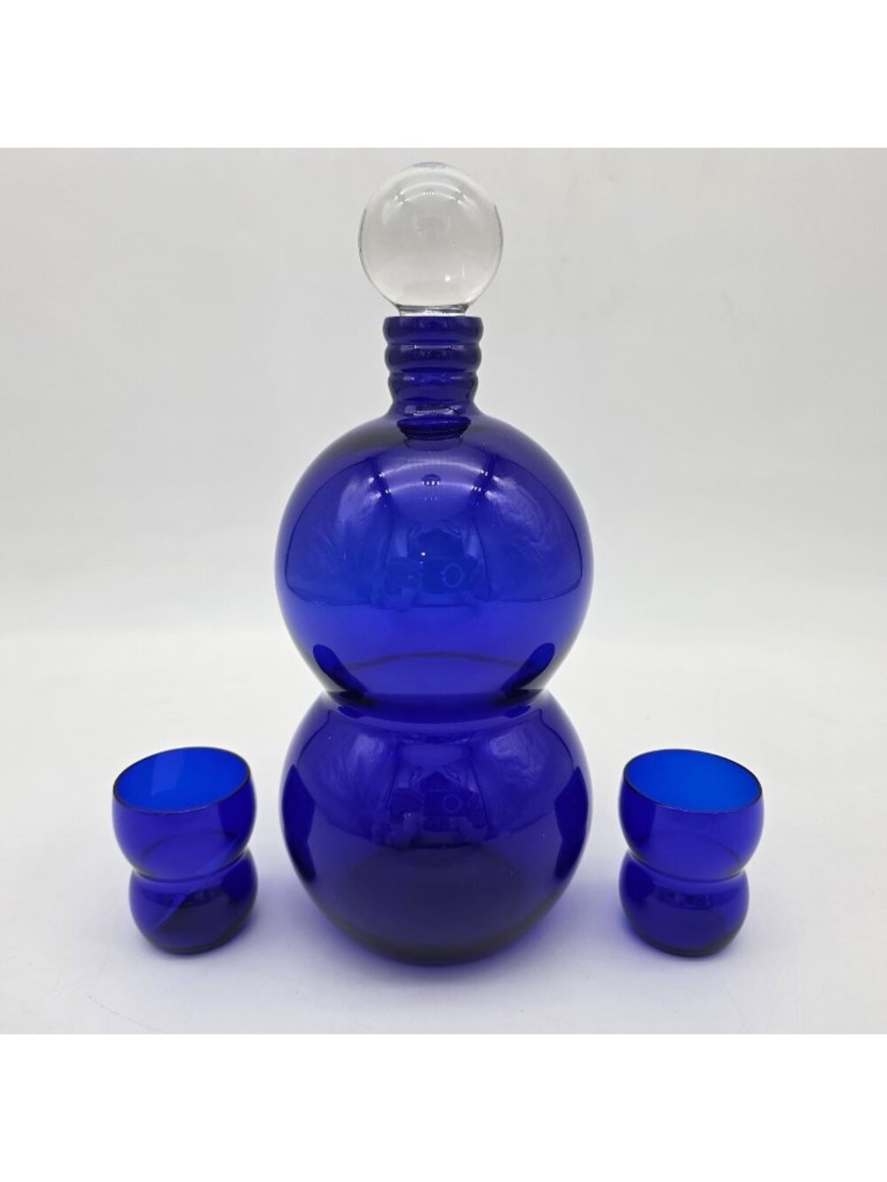 MCM Cobalt Blue Glass Decanter 2 Glasses & Clear Stopper 9.5" Tall Double Sphere